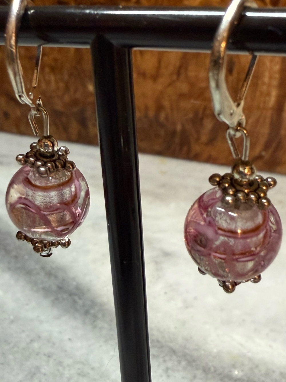 Murano Pink Glass Bead Drop Earrings with Silver Accents - Picture 3 of 4